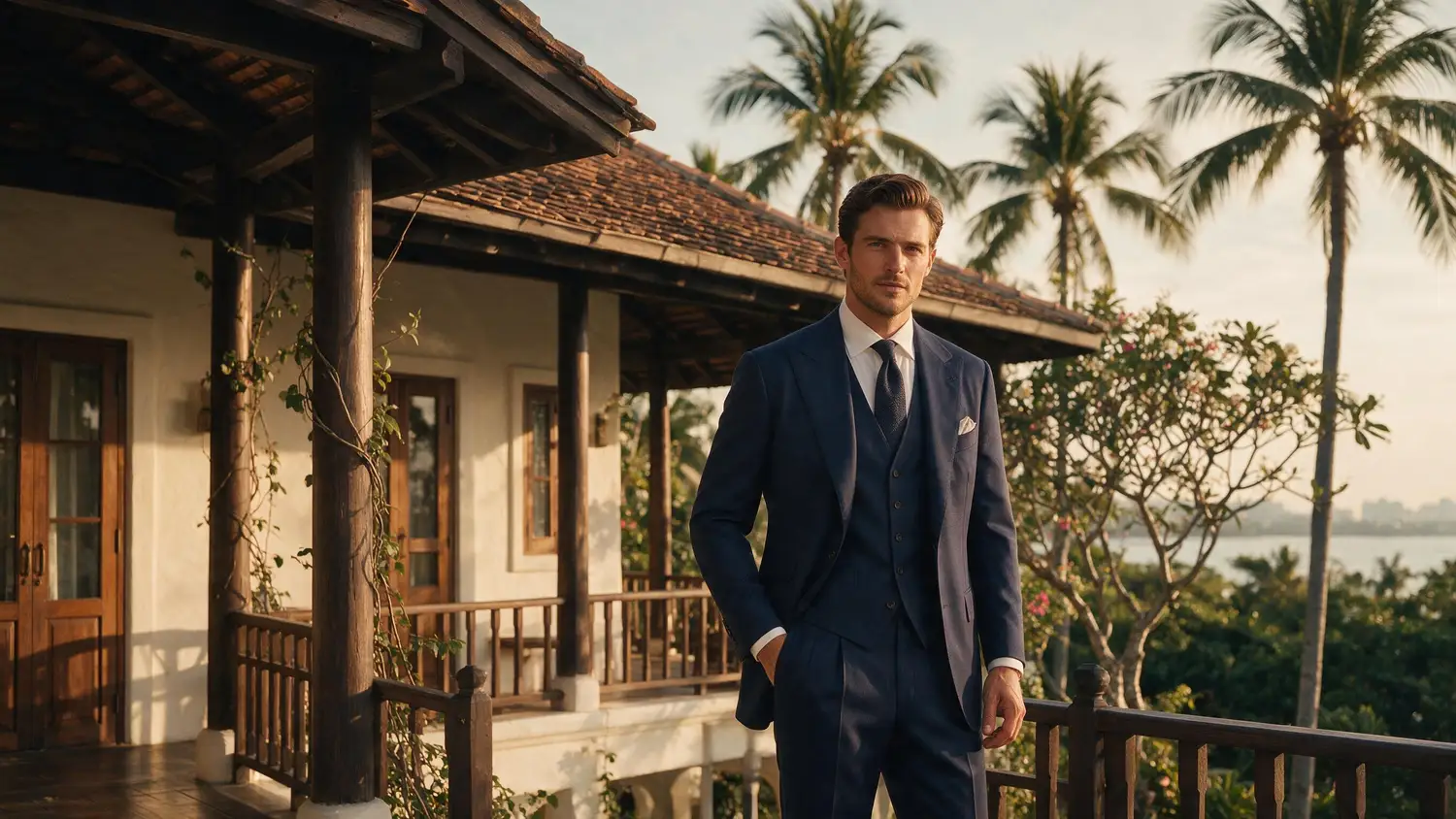 A client wearing a bespoke suit by Unique Custom Tailor, Ko Samui